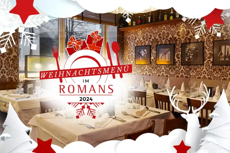 Festlich gedeckte Tische im Ristorante ROMANS, eingerahmt von winterlichen Motiven und dem Weihnachtsmenü-Logo.