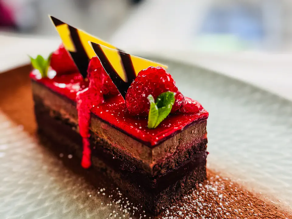 Ein kunstvoll angerichtetes Schokoladen-Himbeer-Dessert auf einem eleganten Teller. Die mehrschichtige Torte besteht aus einer dunklen Schokoladenbasis, cremigen Schichten und einer glänzenden Himbeer-Ganache. Frische Himbeeren, Minzblätter und dekorative Schokoladenelemente verzieren das Dessert, während ein Hauch Kakaopulver und Puderzucker den Teller abrundet.