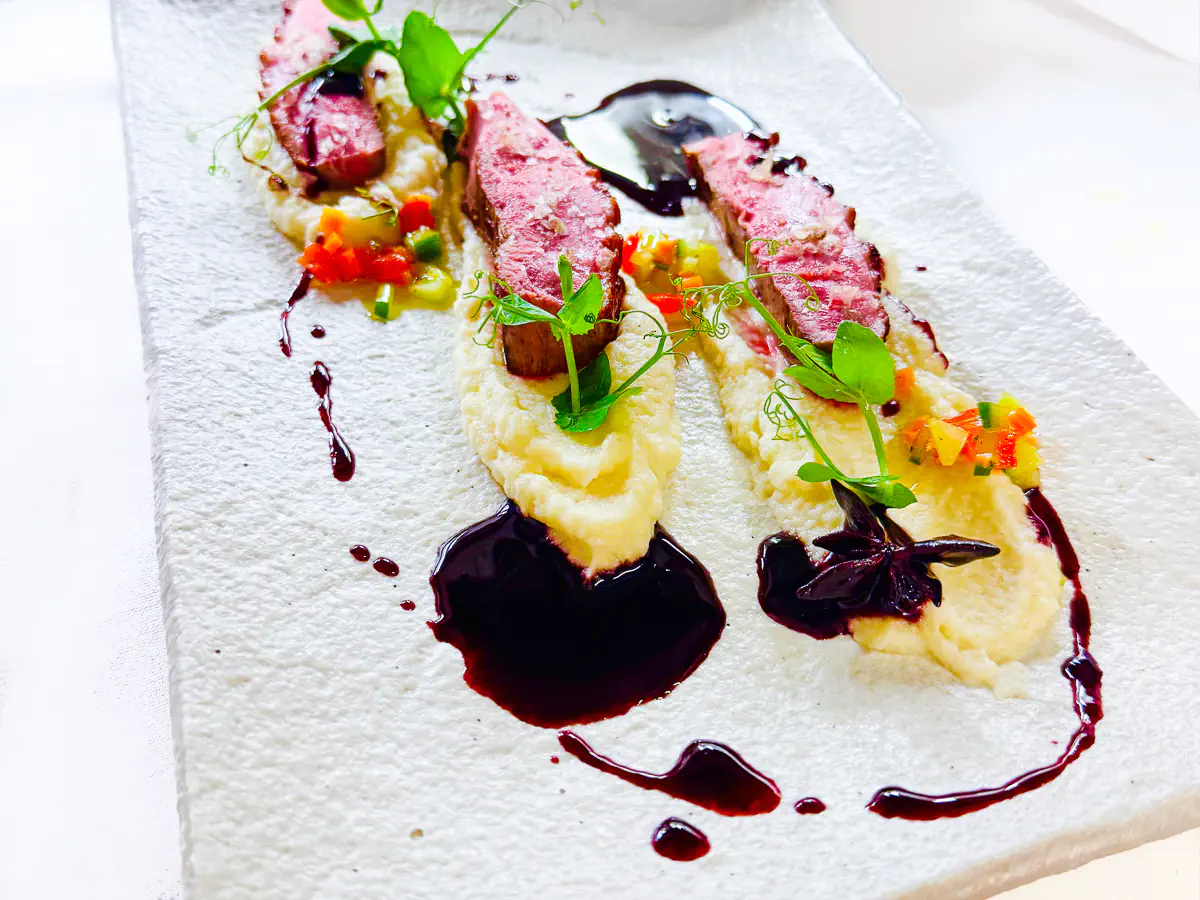 Drei rosa gebratene Tournedos von der Ente, angerichtet auf cremigem Selleriepüree, garniert mit fein gewürfeltem Gemüse, frischen Microgreens und geräuchertem Chili-Pulver, begleitet von einer tiefdunklen Reduktion aus Portwein und schwarzem Knoblauch, serviert auf einem rechteckigen, strukturierten Teller.
