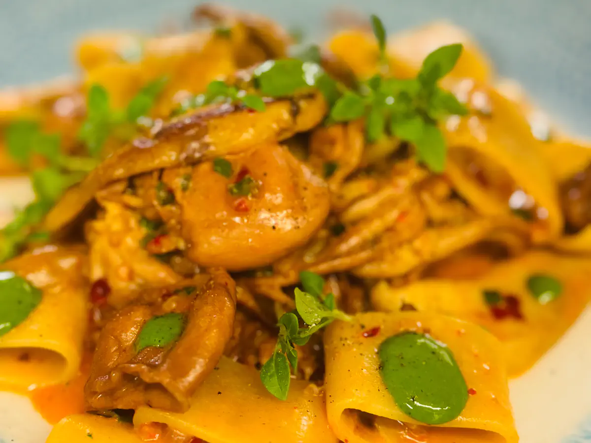 Auf einem Teller liegen breite Halbpaccheri-Pasta, angerichtet in einer aromatischen, leicht rötlichen Bisque-Sauce. Dazwischen befinden sich sautierte Steinpilze, Stücke von zartem Baby-Oktopus und kleine rote Chilistückchen von kalabrischer Nduja. Grüne Kräuter und Kleckse einer grünen Creme sorgen für frische Farbakzente.