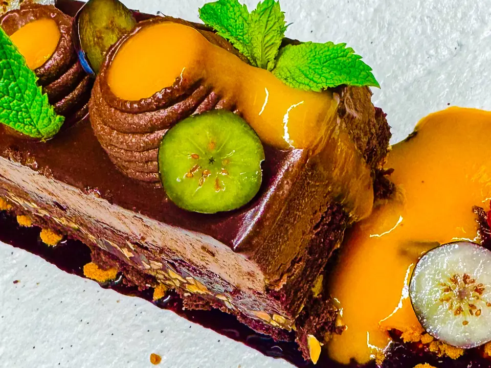 Ein rechteckiges Schokoladendessert mit glänzender Oberfläche liegt auf einem weissen Teller. Die fein strukturierte Mousse aus dunkler Schokolade (72 %) verbirgt einen cremigen Haselnuss-Pralinenkern und ruht auf einem knusprigen Mandelboden. Obenauf befindet sich ein Topping aus Schokoladencreme, frischer Minze, halbierten Mini-Kiwis und einem leuchtend orangefarbenen Fruchtspiegel, der über das Dessert fliesst.