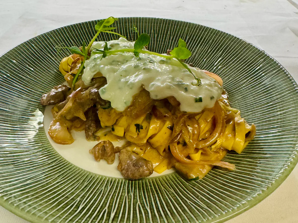 Auf einem dunkelgrünen, gerillten Teller liegt ein Nest Tagliatelle, gemischt mit gebratenen Steinpilzen, zarten Stücken Rinderfilet und karamellisierten roten Tropea-Zwiebeln. Obenauf ist eine helle, cremige Stracchino-Sauce mit feinem Schnittlauch verteilt, garniert mit frischen grünen Kräutern.