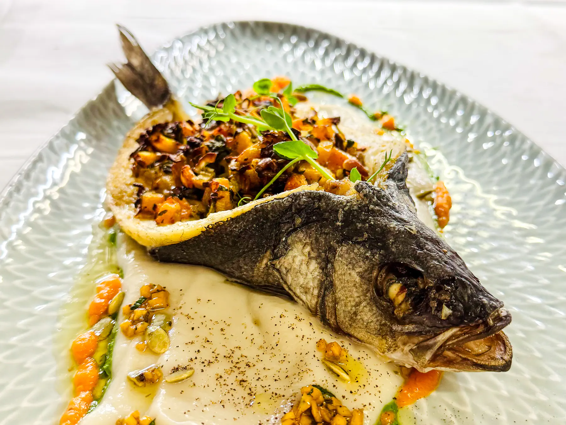Ganz servierter Wolfsbarsch auf ovalem, strukturiertem Teller, aufgeklappt und mit fein gewürfeltem Gemüse gefüllt. Unter dem Fisch liegt eine helle Creme, dekoriert mit fein gehackten Zutaten und Tropfen oranger Sauce. Frische Kräuter sorgen für optischen Kontrast.