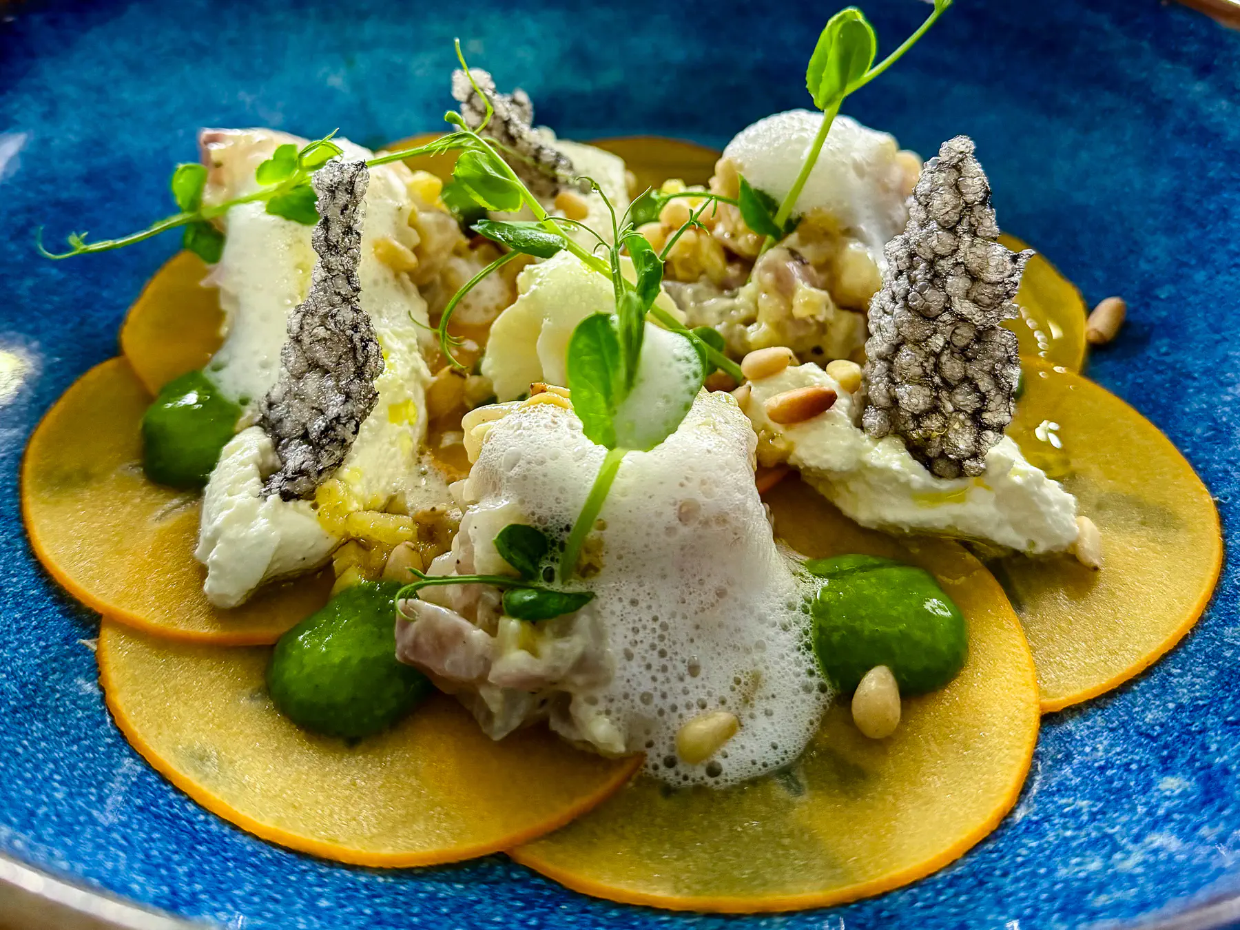 Auf einem blauen Teller angerichtetes Wolfsbarsch-Tatar mit feinen Scheiben von Kaki, weisser Ricotta-Quenelle, grünem Kräuterpüree, gerösteten Pinienkernen, knusprigem Chip und zartem Zitrusschaum.