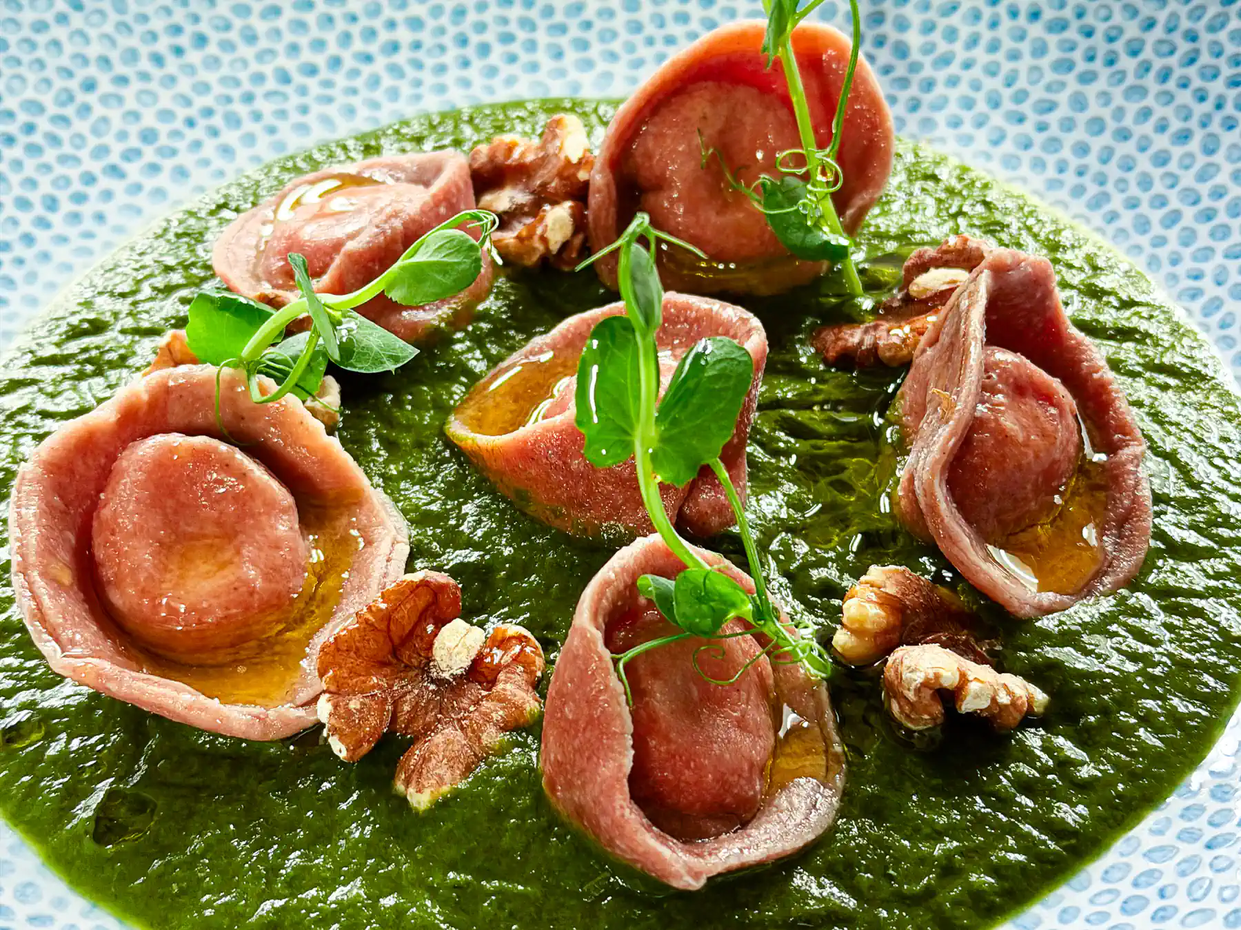 Auf einem hellblauen, fein gemusterten Teller liegen rosafarbene Tortelli kreisförmig auf einem satten, grünen Püree. Die Pasta glänzt leicht, dazwischen liegen grob gebrochene Nüsse und ein paar Tropfen Öl. Frische grüne Sprossen setzen vertikale Akzente und geben dem Gericht eine klare, mediterrane Farbigkeit.