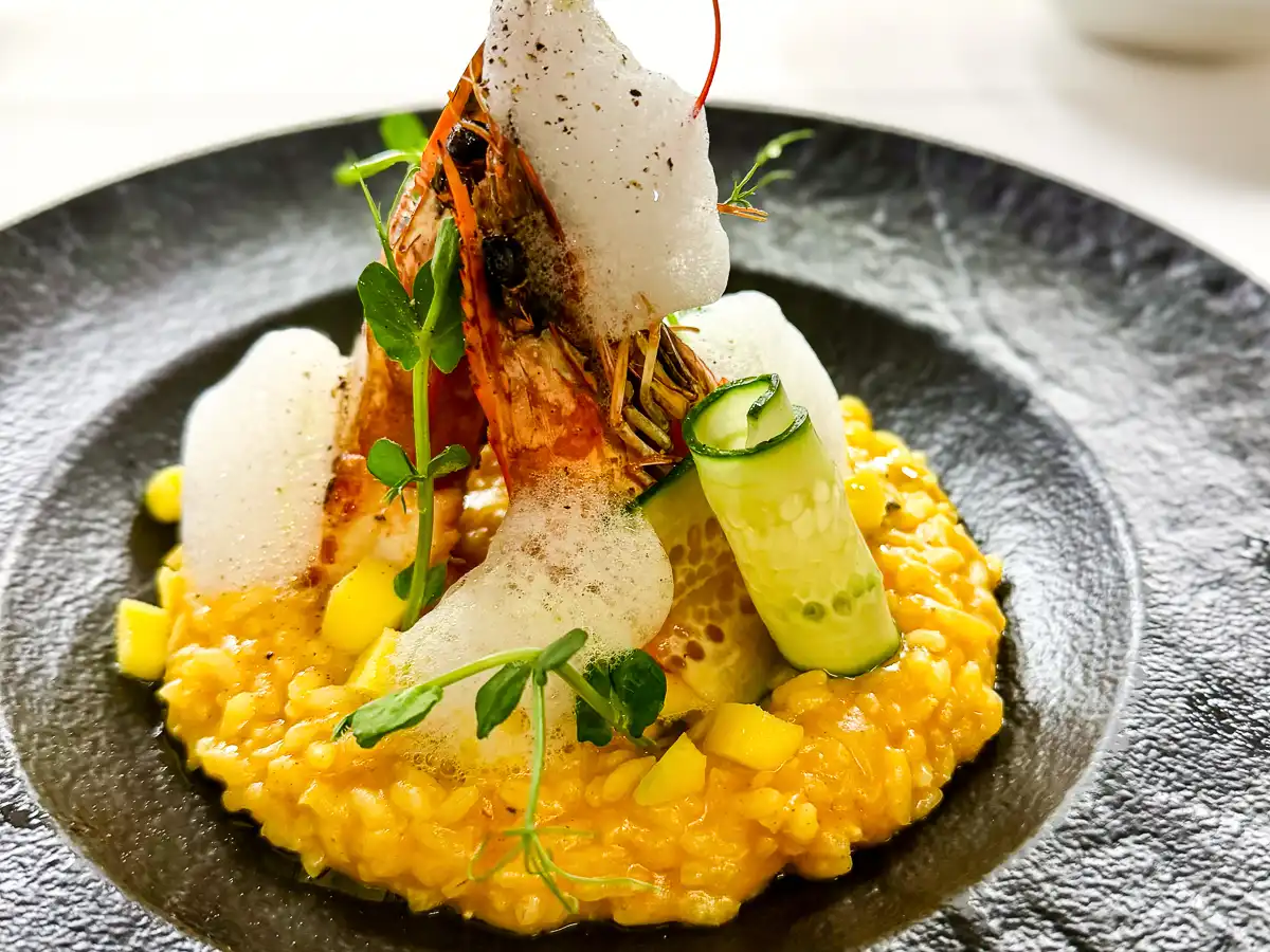 Auf einem dunklen Teller liegt ein cremiges, leuchtend gelbes Risotto, darauf angerichtet große, gebratene Garnelen mit Schale. Feine Schaumtupfer, kleine Fruchtwürfel und frische Kräuter setzen helle Akzente und verleihen dem Gericht eine exotisch-mediterrane Anmutung.