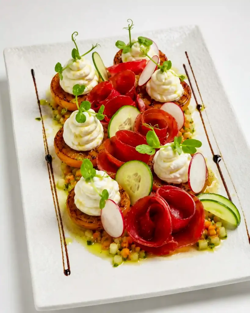 In Majoran marinierte, gegrillte Aprikose mit cremigem Ziegenfrischkäse, feiner Büffelbresaola und Kastanienhonig