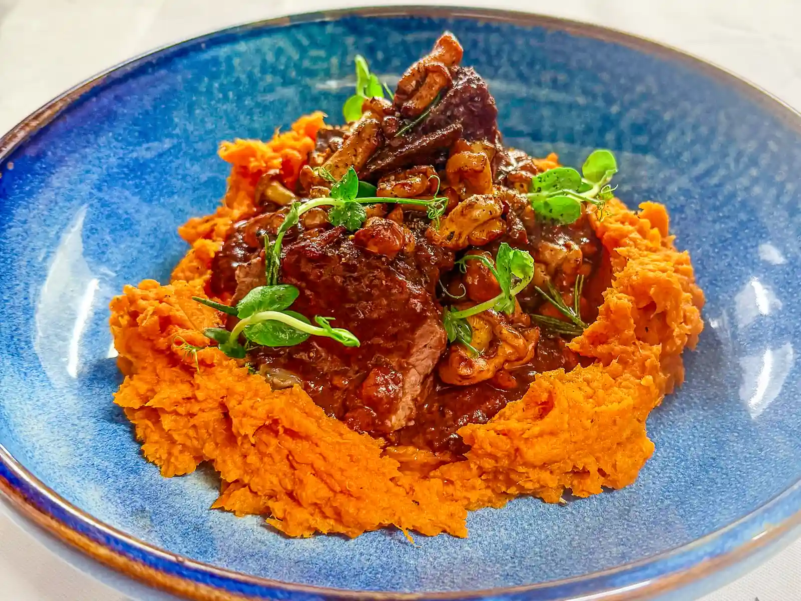 Rinderbäckchen auf orangefarbenem Püree, dunkler Sauce, kleinen Pfifferlingen und Erbsensprossen in einer blauen Schale.