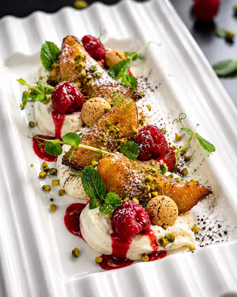 Dessert auf einer weissen gewellten Platte mit goldbraunem Gebäck, Creme, Himbeeren, Himbeersauce, Minze, Pistazien, kleinen Keksen und Puderzucker.
