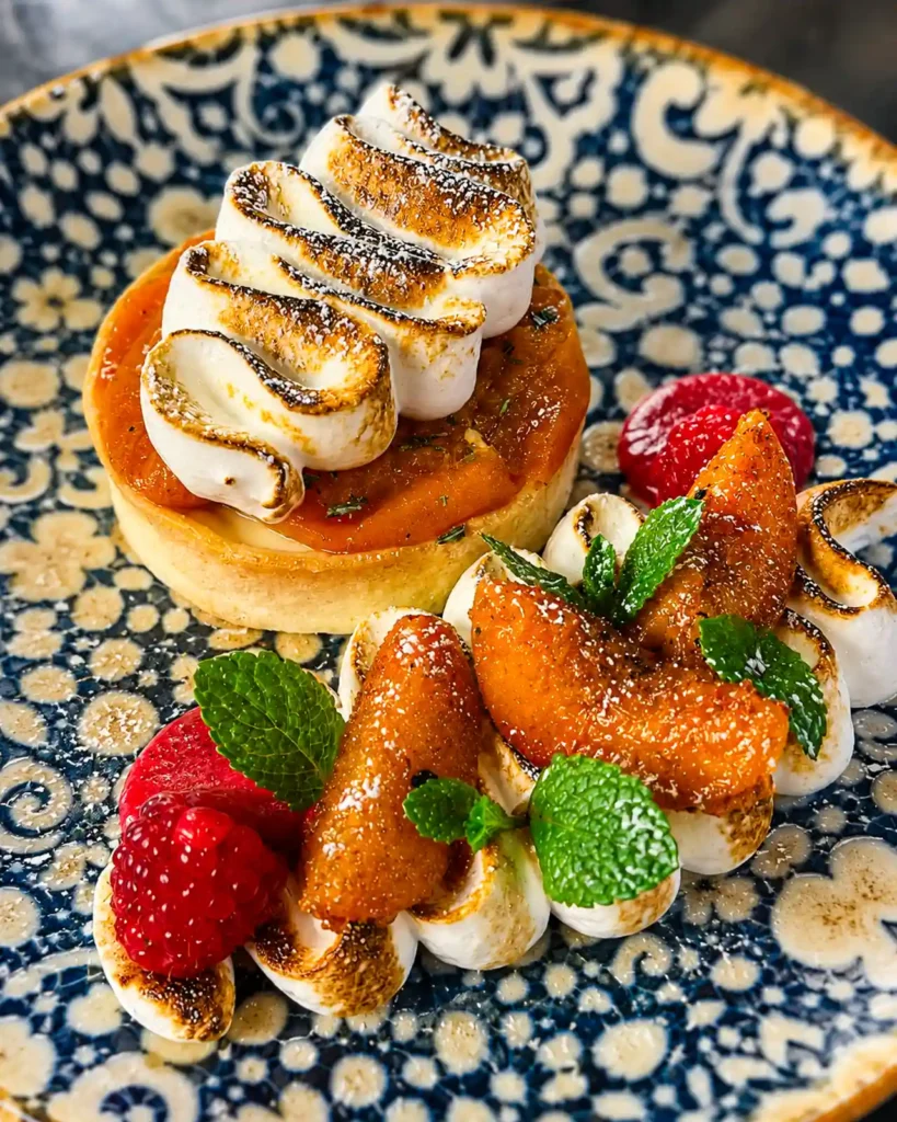 Dessert mit kleiner Tarte, flambierter Meringue, karamellisierten Fruchtstücken, Himbeeren, Minze und Puderzucker auf einem blau gemusterten Teller.