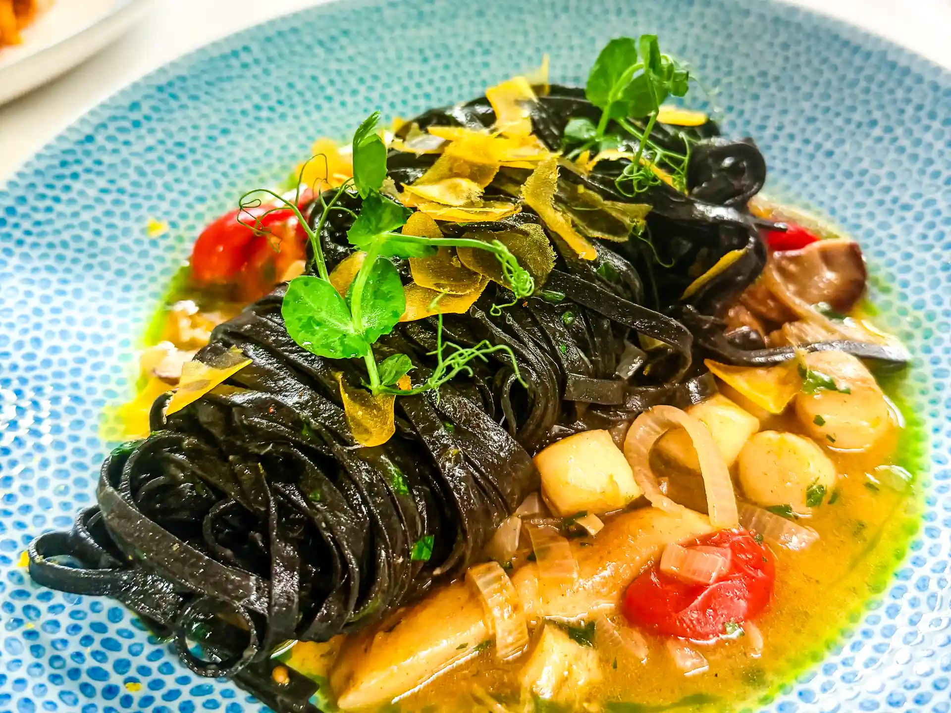 Schwarze Bandnudeln mit Pilzen, Cherrytomaten, grünen Sprossen und gelben Flocken auf einem hellblauen Teller.